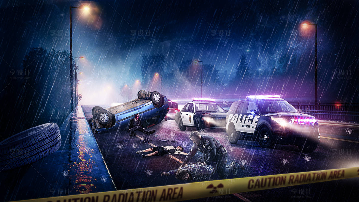 源文件下載【警察警車車禍暴風雨合成廣告展板】編號：43220000025621453