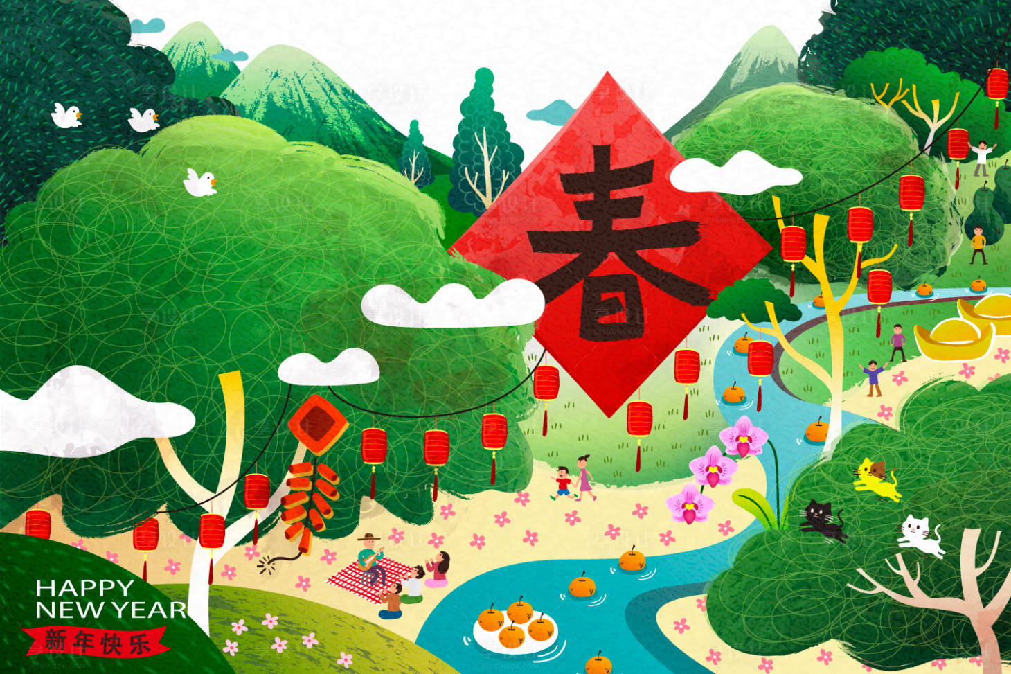 源文件下載【享設計】搜索編號：55320000034218634【春節新年快樂春天燈籠公園展板】