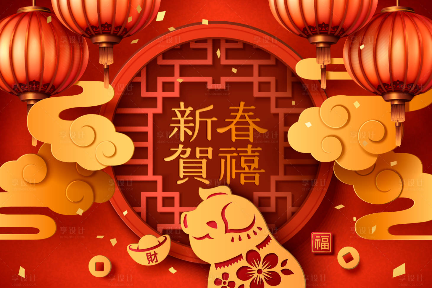 源文件下載【春節(jié)剪紙風(fēng)豬年祥云燈籠展板】編號：30070000034261821