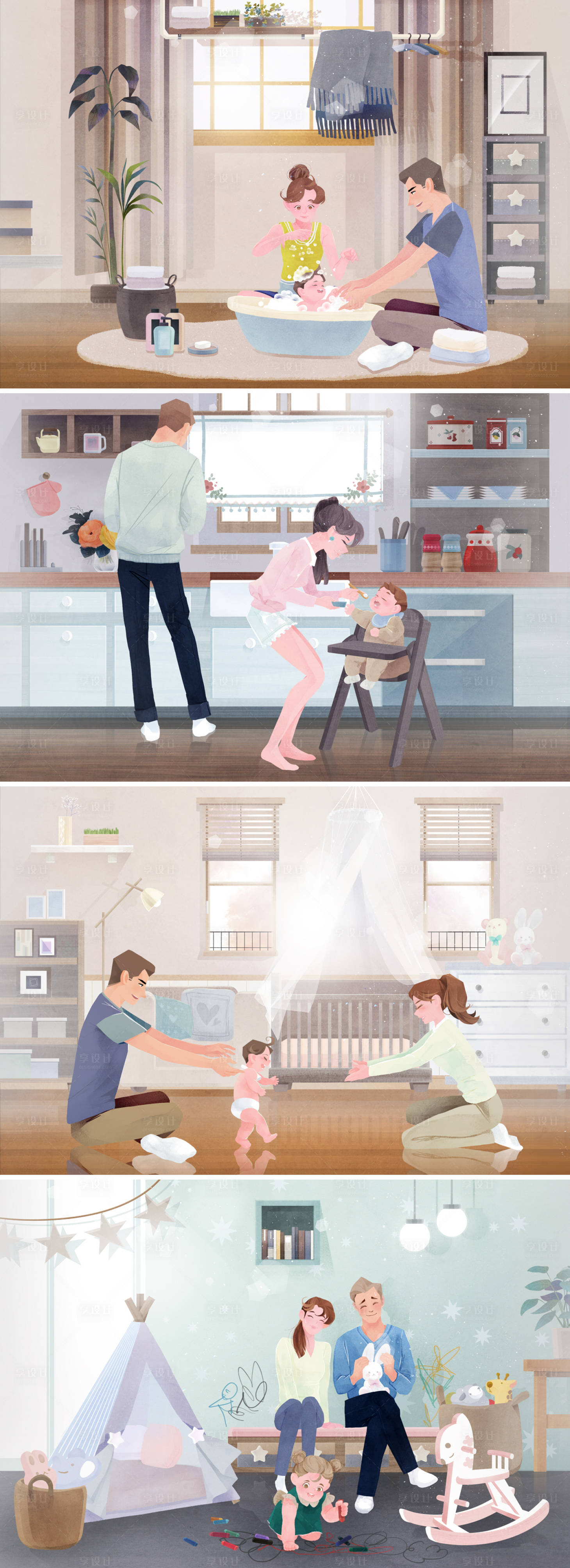 源文件下载【享设计】搜索编号：51950000070106833【温馨一家人宝宝生活场景分层插画系列1】