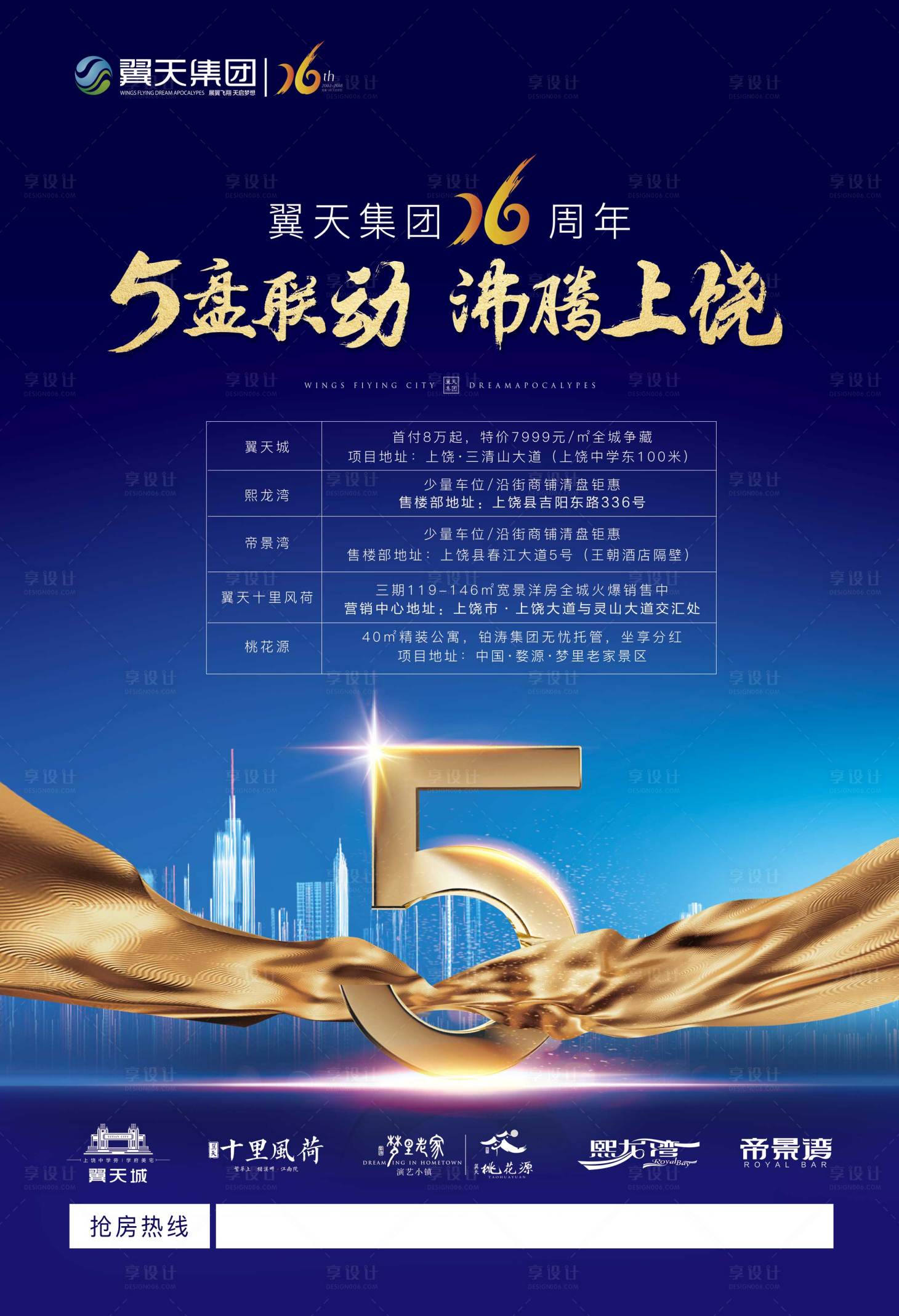 源文件下载【享设计】搜索编号：90020000299343248【5盘联动蓝金房地产海报】