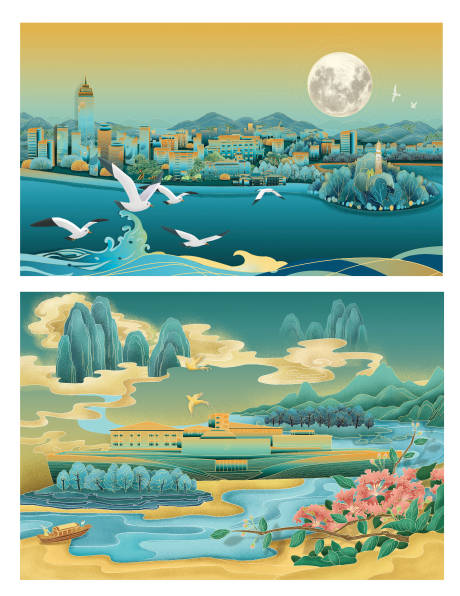 源文件下载【原创插画海滨小镇】编号：95740000738978926