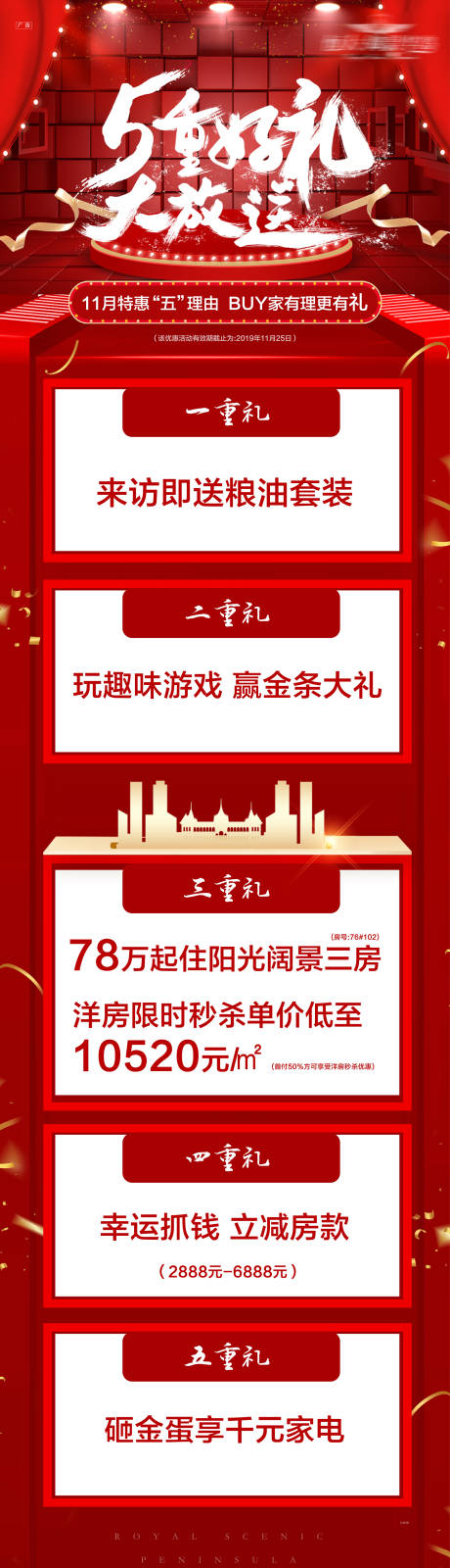 源文件下载【享设计】搜索编号：60830000813508245【房地产5重礼长图海报】