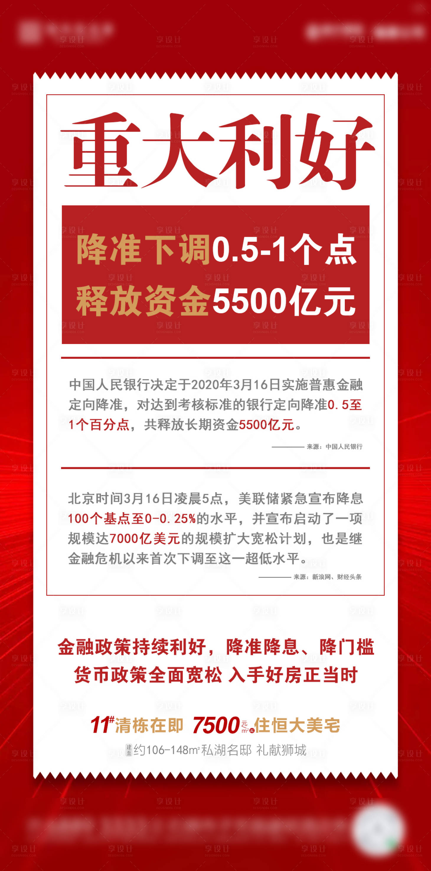 源文件下载【享设计】搜索编号：74580000780378351【房地产利好政策央行政策降息海报】