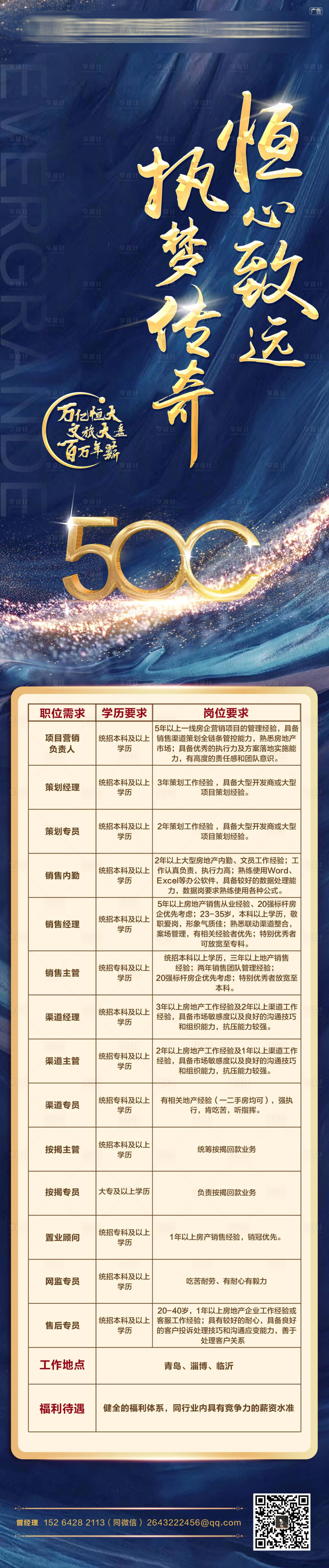 源文件下载【招聘长图蓝金地产海报】编号：20760002342686579