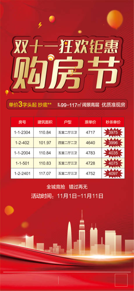 源文件下载【享设计】搜索编号：56900002465328319【地产双11购房节红金海报】