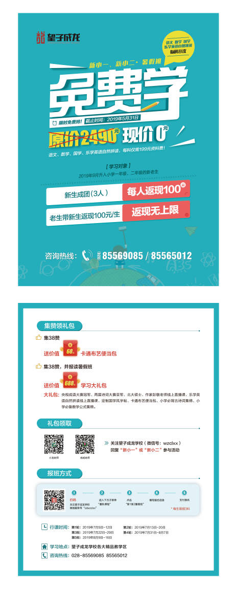 源文件下载【蓝色教育培训暑假班免费学招生单页】编号：50610003971521471