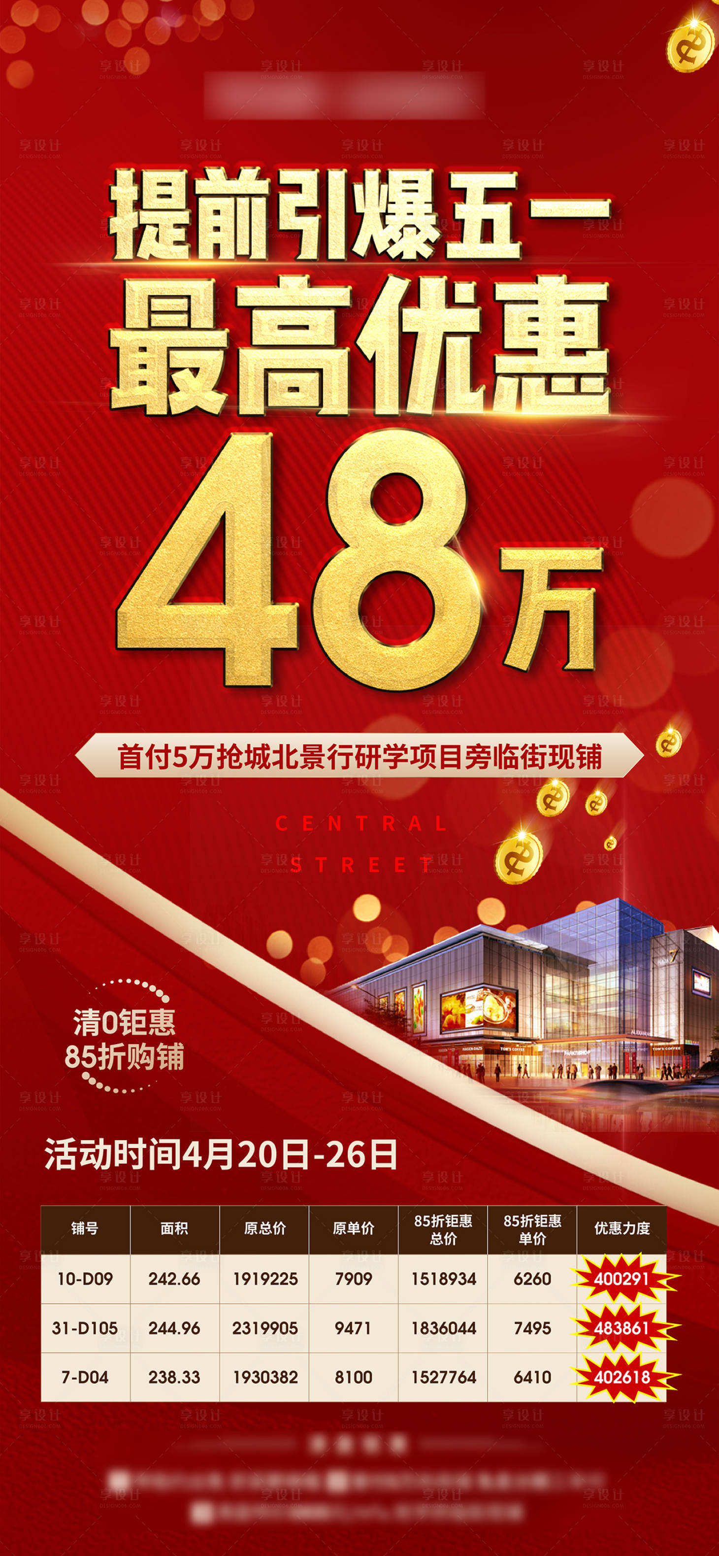 源文件下载【享设计】搜索编号：25780004361092483【地产五一商铺促销红金海报】