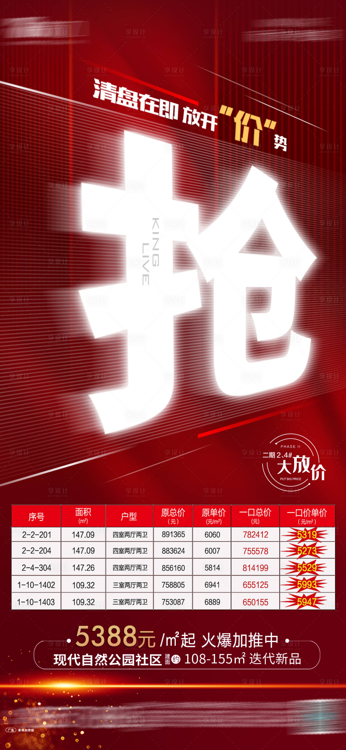源文件下载【享设计】搜索编号：76620004626013819【地产红色热销清盘特价房海报】