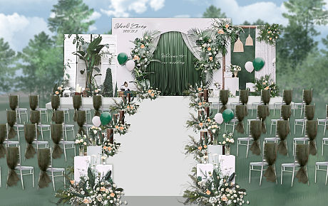 绿白色婚礼展板效果图