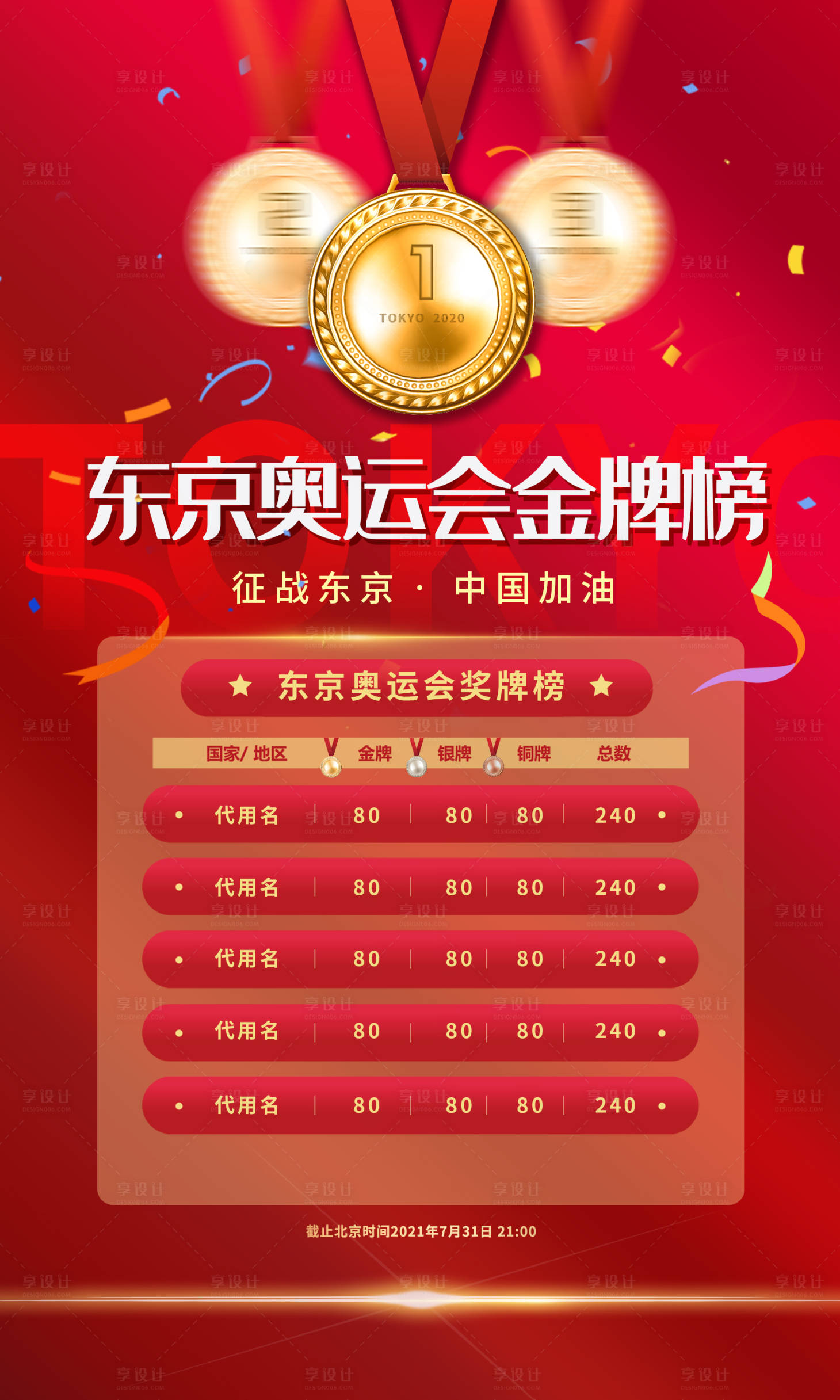 源文件下载【享设计】搜索编号：67970005831431018【红色东京奥运会金牌榜实时更新海报】