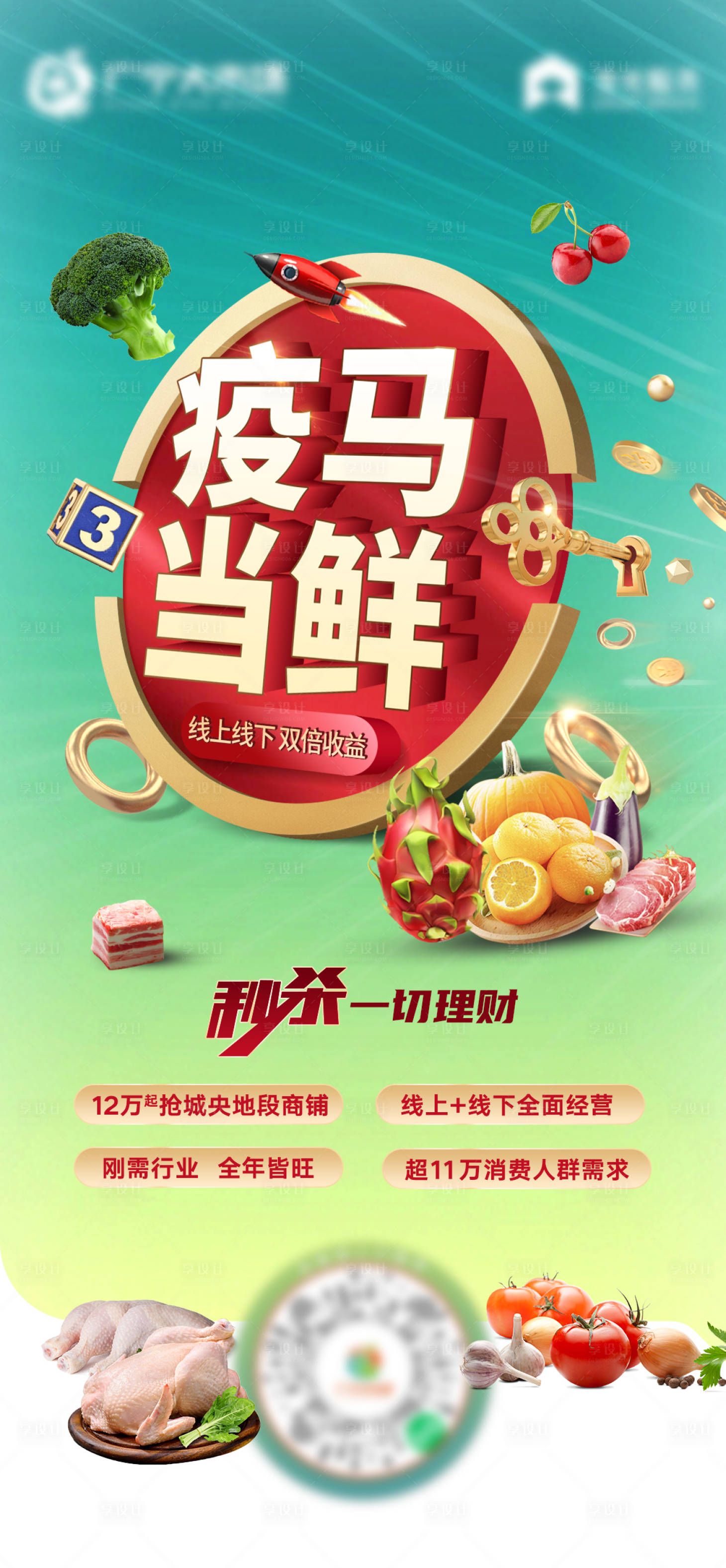 源文件下載【享設(shè)計(jì)】搜索編號(hào)：90860006076876773【地產(chǎn)生鮮市場(chǎng)超市商鋪價(jià)值點(diǎn)海報(bào)】