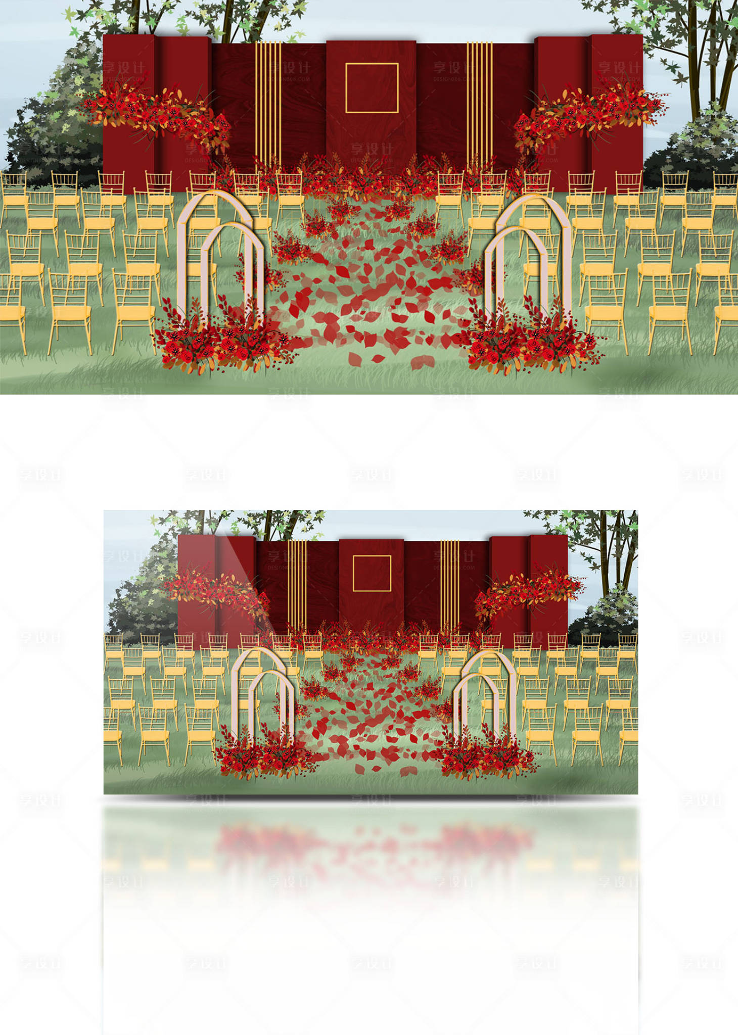 源文件下載【享設(shè)計(jì)】搜索編號(hào)：78550006717189647【紅色圓舞曲草坪婚禮背景板】