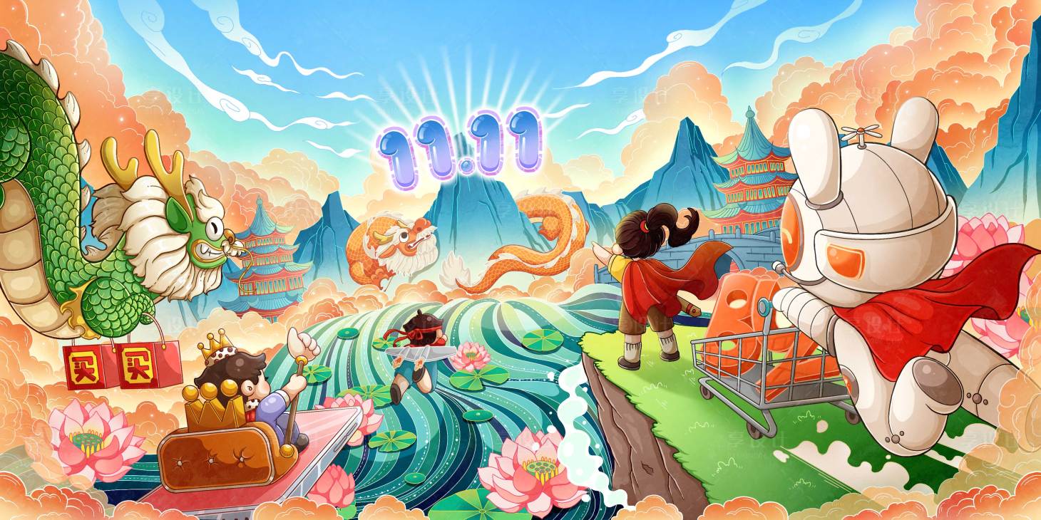 源文件下載【雙十一冒險插畫廣告展板】編號：98590006911267872