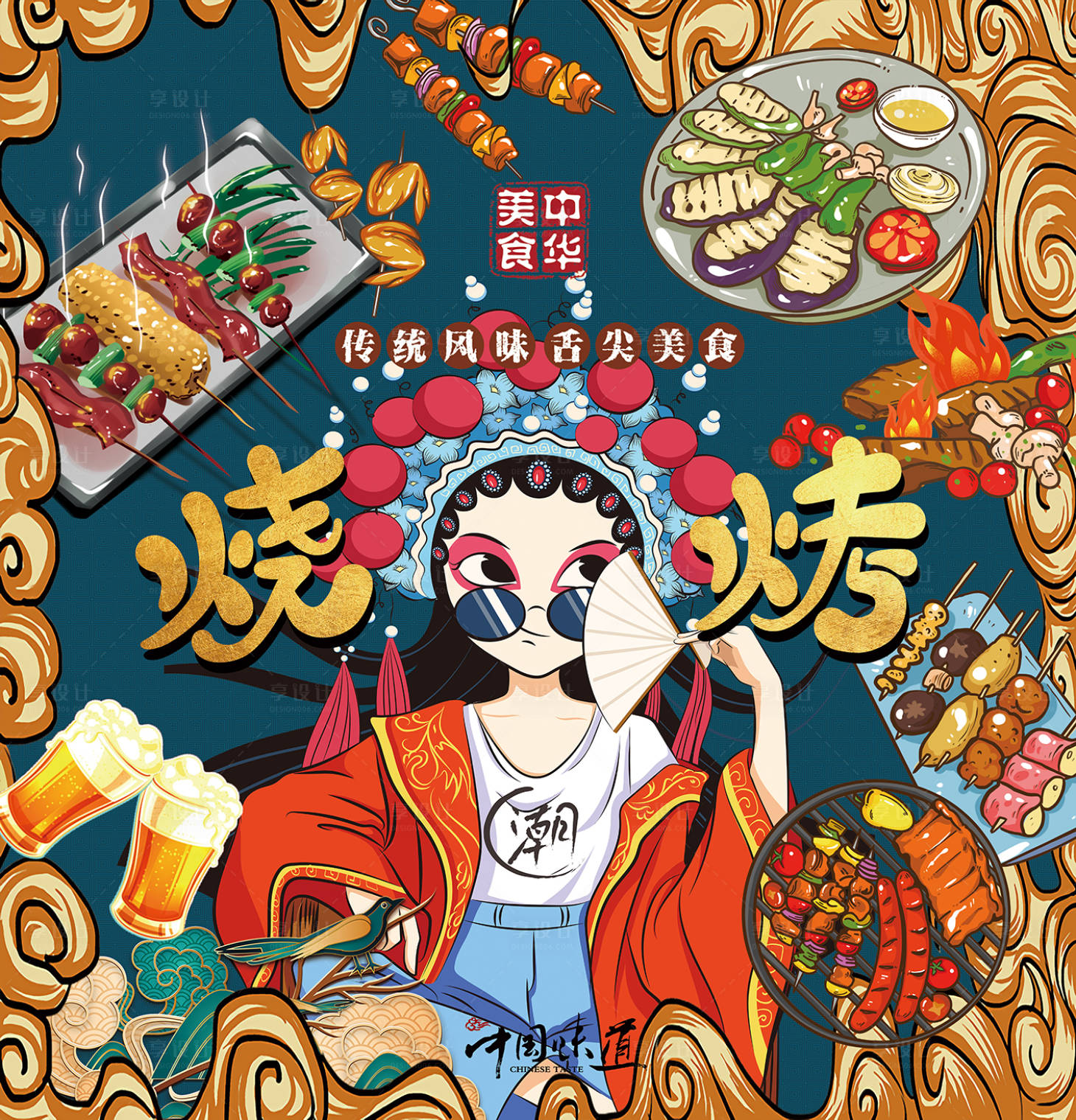 源文件下載【國潮美女美食燒烤活動展板】編號：55920007094529689