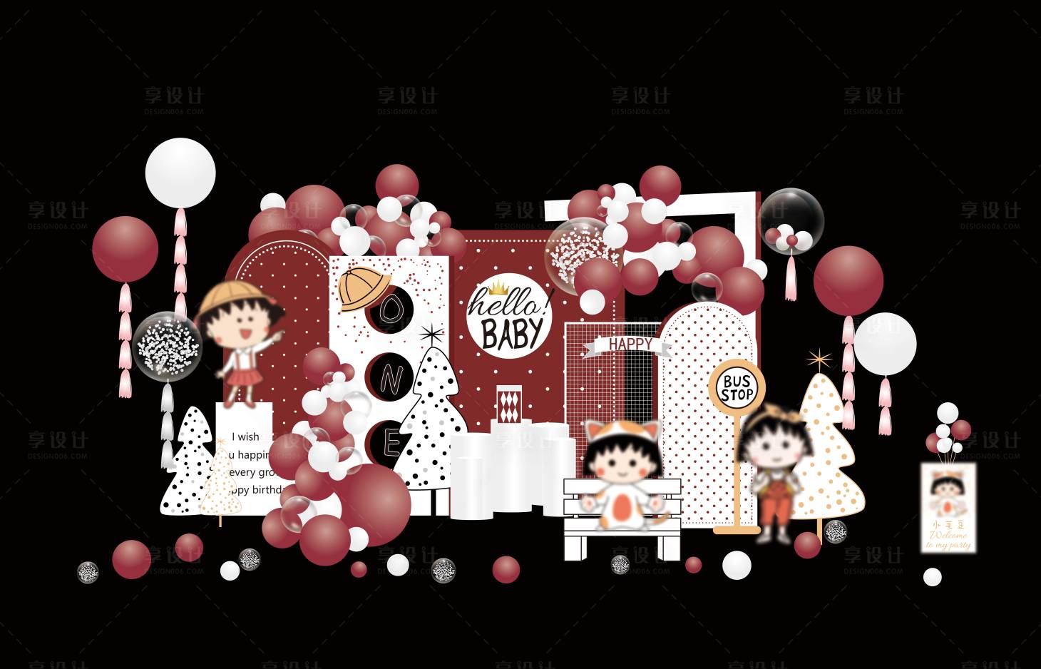 源文件下载【享设计】搜索编号：48210007266444796【樱桃小丸子宝宝宴生日宴舞台背景板】