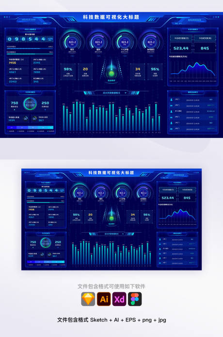科技蓝大数据可视化智慧大屏统计UI