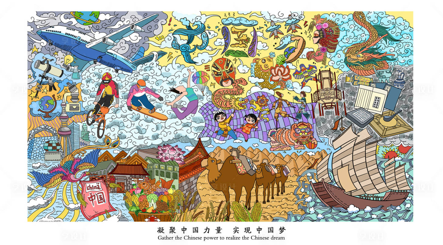 源文件下载【中国梦中国风元素人物奥运飞机涂鸦插画】编号：20211203220431834