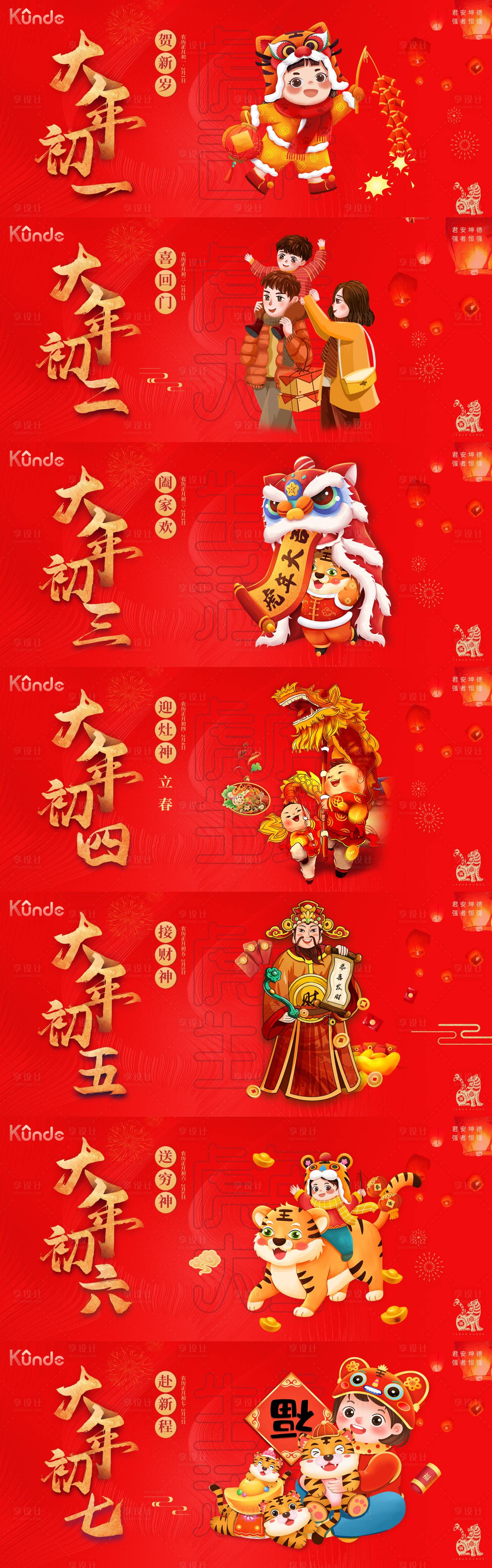 源文件下載【享設計】搜索編號：20750008062681251【新年虎年初一到初七系列海報】