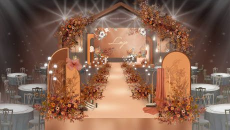 编号：20220112233840697【享设计】源文件下载-焦糖橙色秋色系小众婚礼舞台仪式区布置