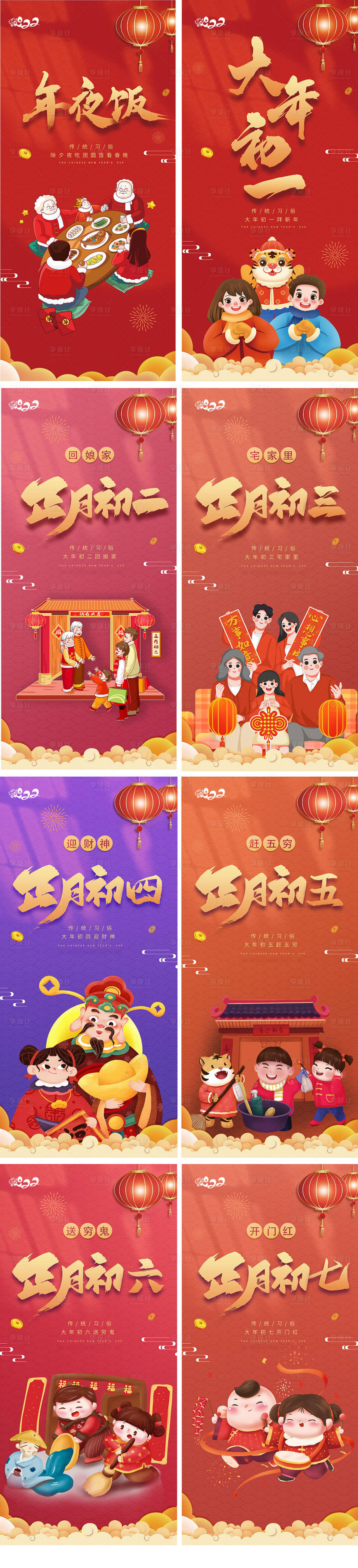 源文件下載【享設計】搜索編號：73460008176728502【2022虎年除夕初一到初七春節海報】