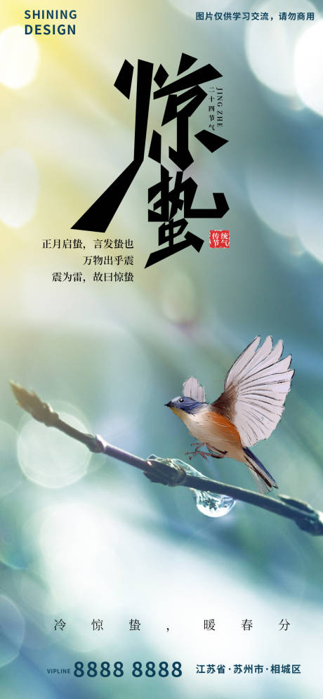 源文件下載【享設計】搜索編號：41040008561364813【樹枝水滴飛鳥節氣驚蟄海報】
