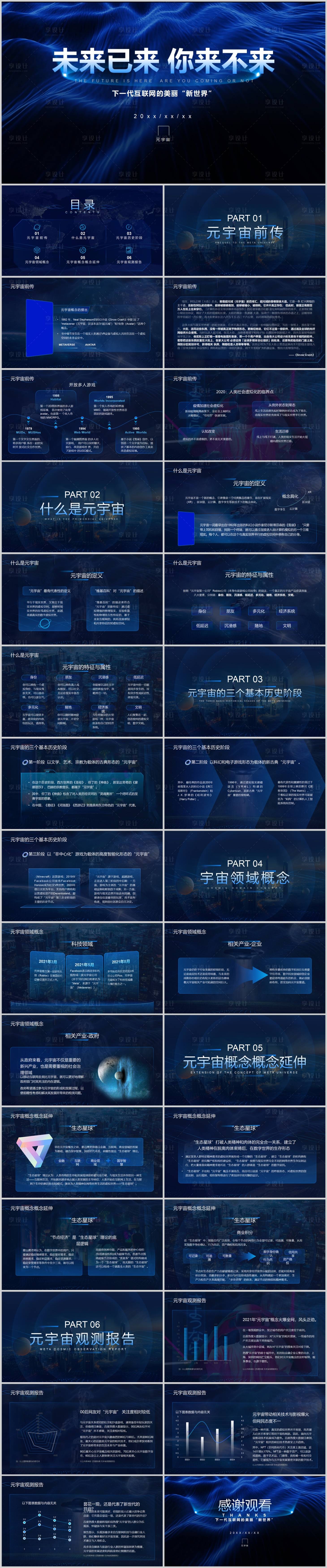 源文件下載【享設計】搜索編號：57940008919398995【藍色科技炫酷元宇宙項目介紹PPT模板】