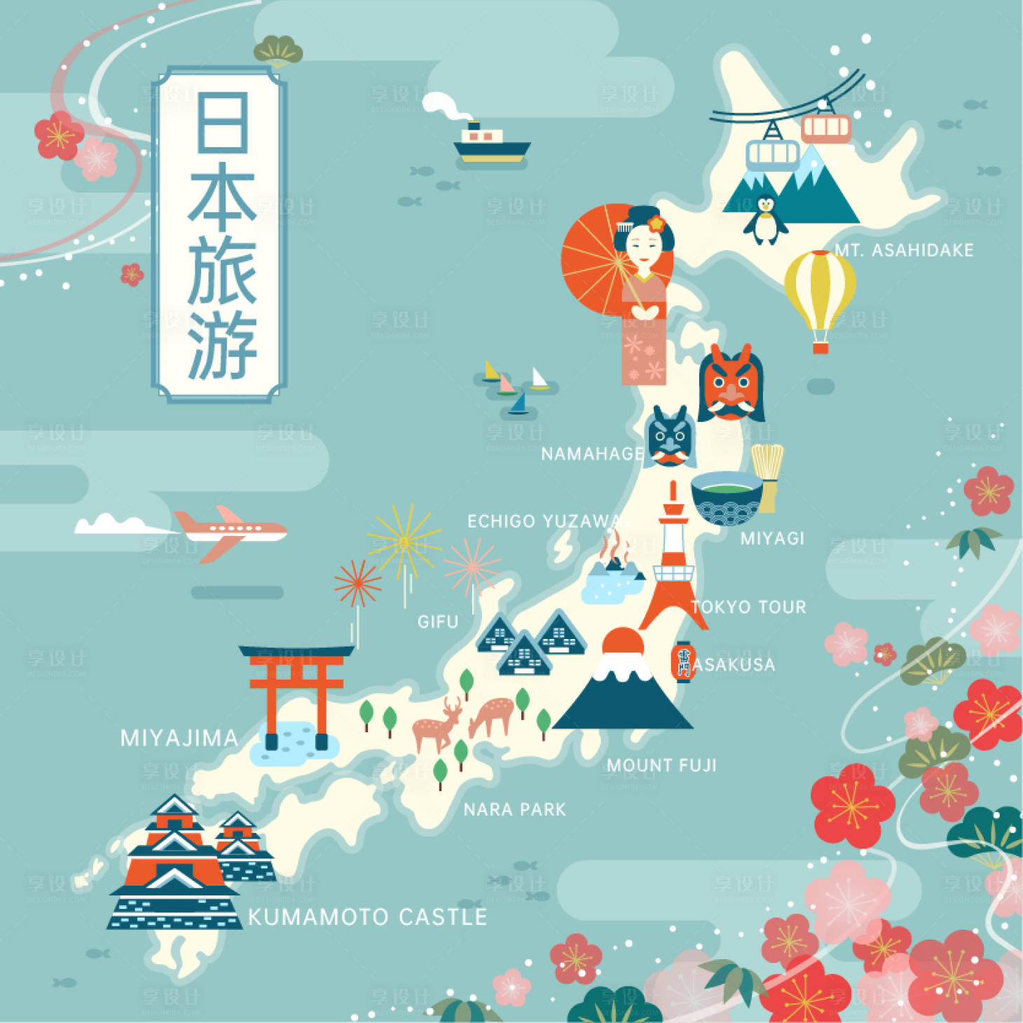 源文件下载【享设计】搜索编号：23290010642427799【日本旅游攻略地图展板】