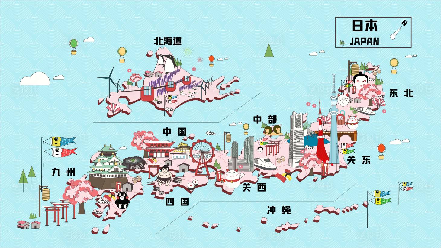 源文件下載【享設計】搜索編號：42300010358484477【扁平化矢量插畫日本地圖廣告展板】