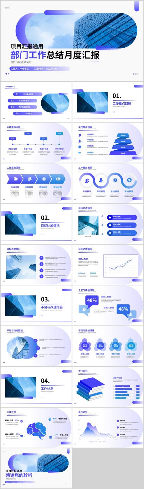 源文件下载【蓝色商务风职场办公总结报告通用PPT】编号：20220722091623981