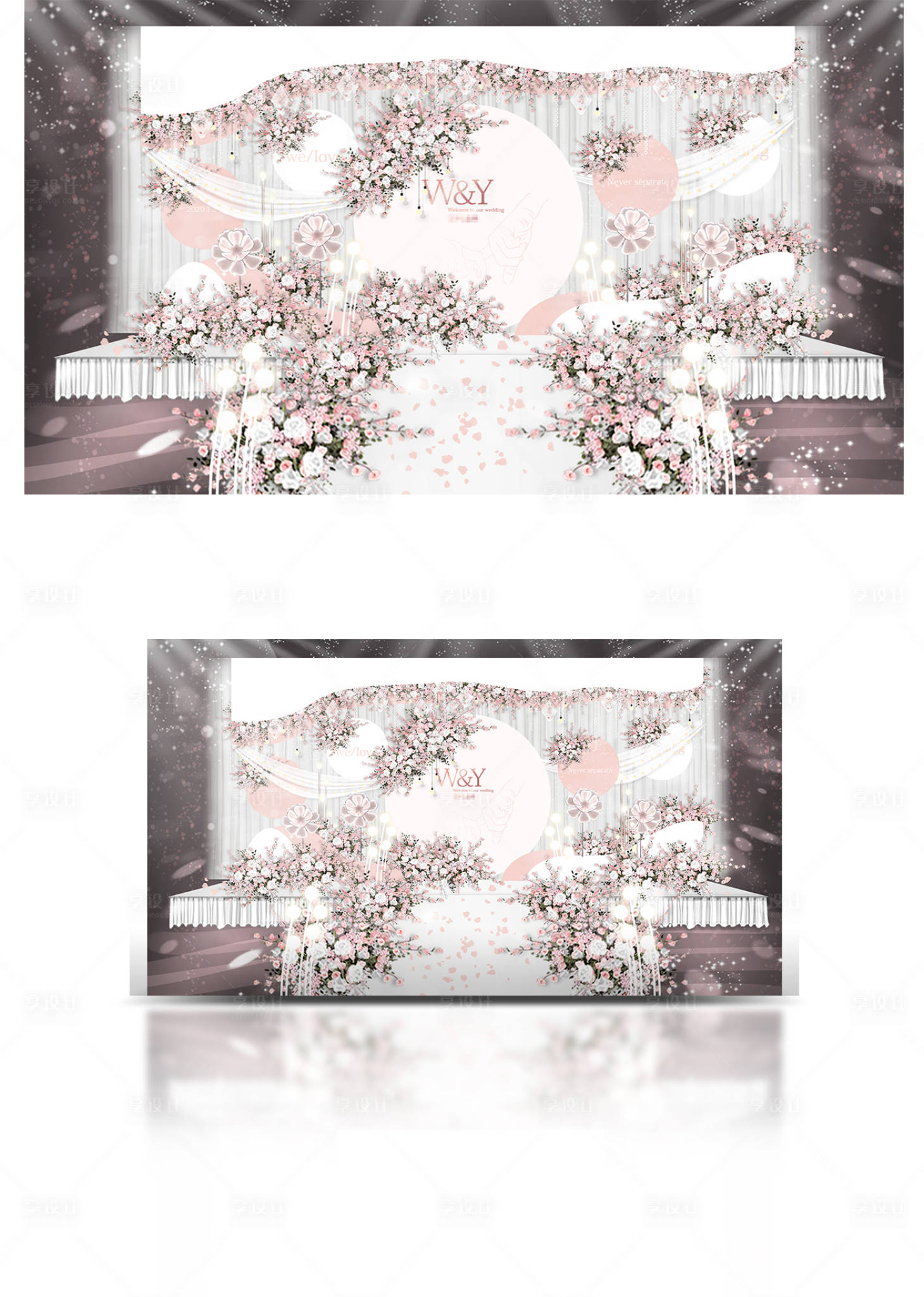 源文件下载【享设计】搜索编号：73570005414889543【粉色系小清新婚礼舞台背景设计】