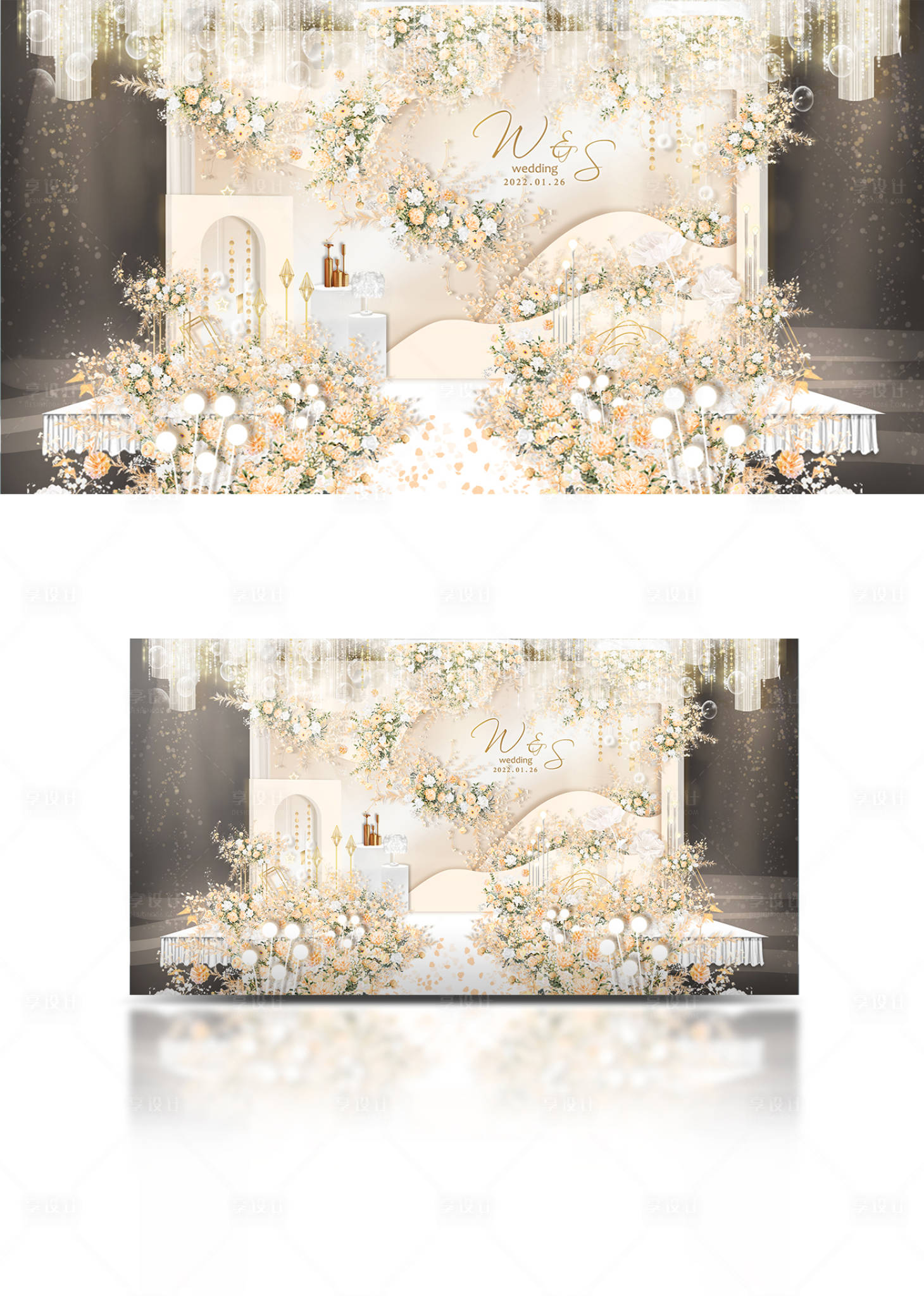 源文件下载【享设计】搜索编号：59610005809069667【轻奢香槟色系婚礼舞台背景设计】