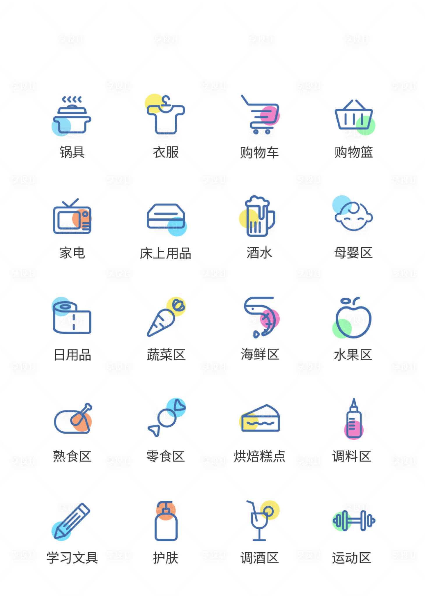 源文件下载【享设计】搜索编号：81470011499001008【超市种类UI图标】