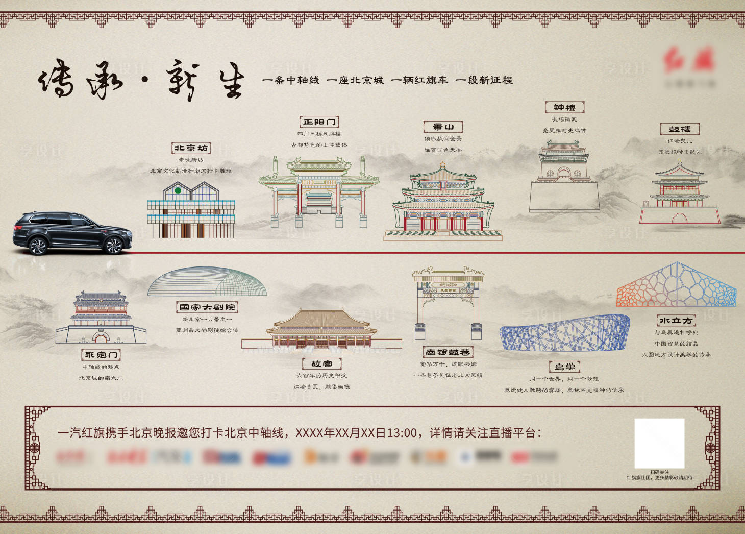 源文件下載【享設計】搜索編號：98050011954836457【一條中軸線一座北京城背景板】