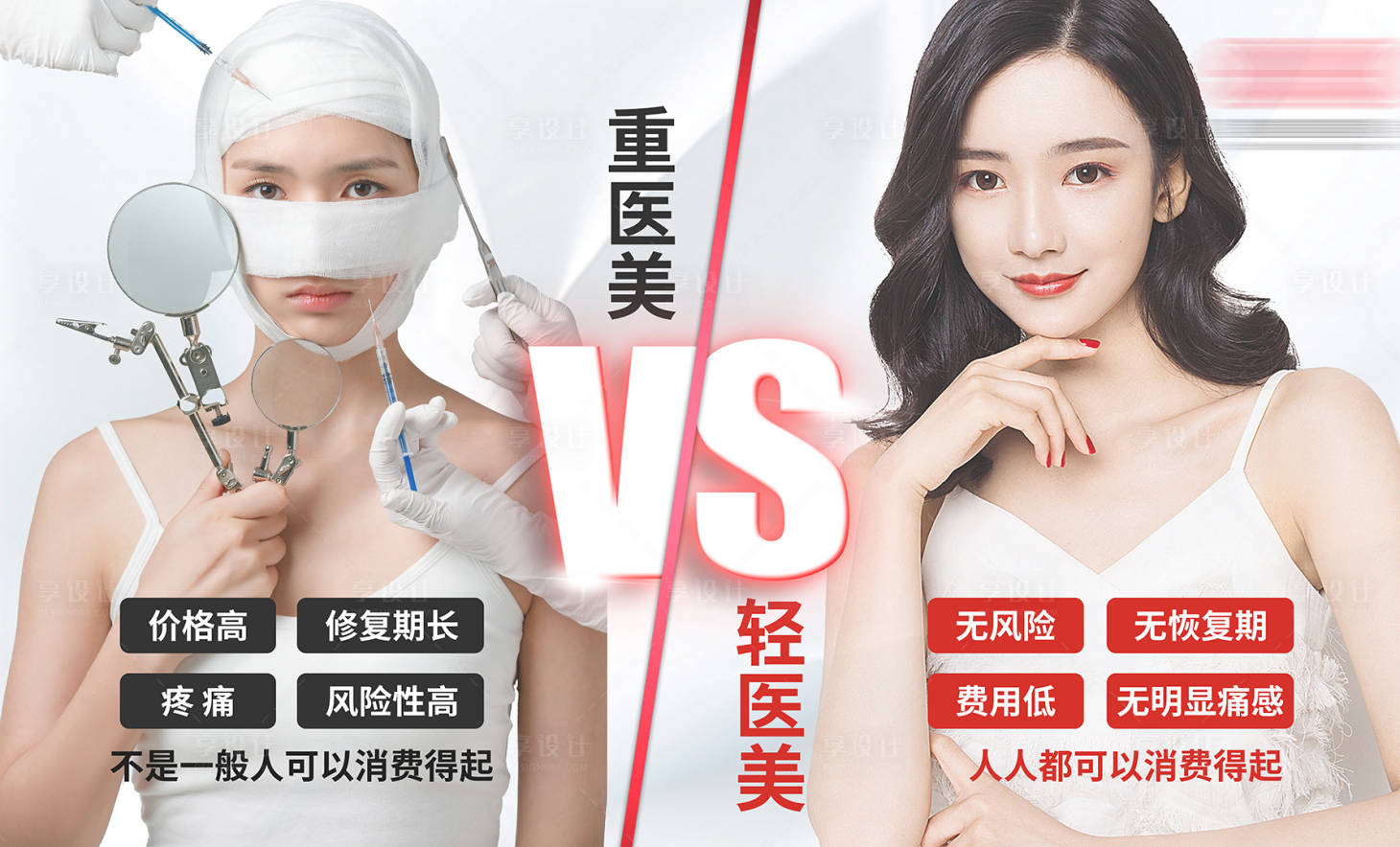 源文件下载【享设计】搜索编号：71940011553506465【重医美轻医美的区别优势对比海报展板】