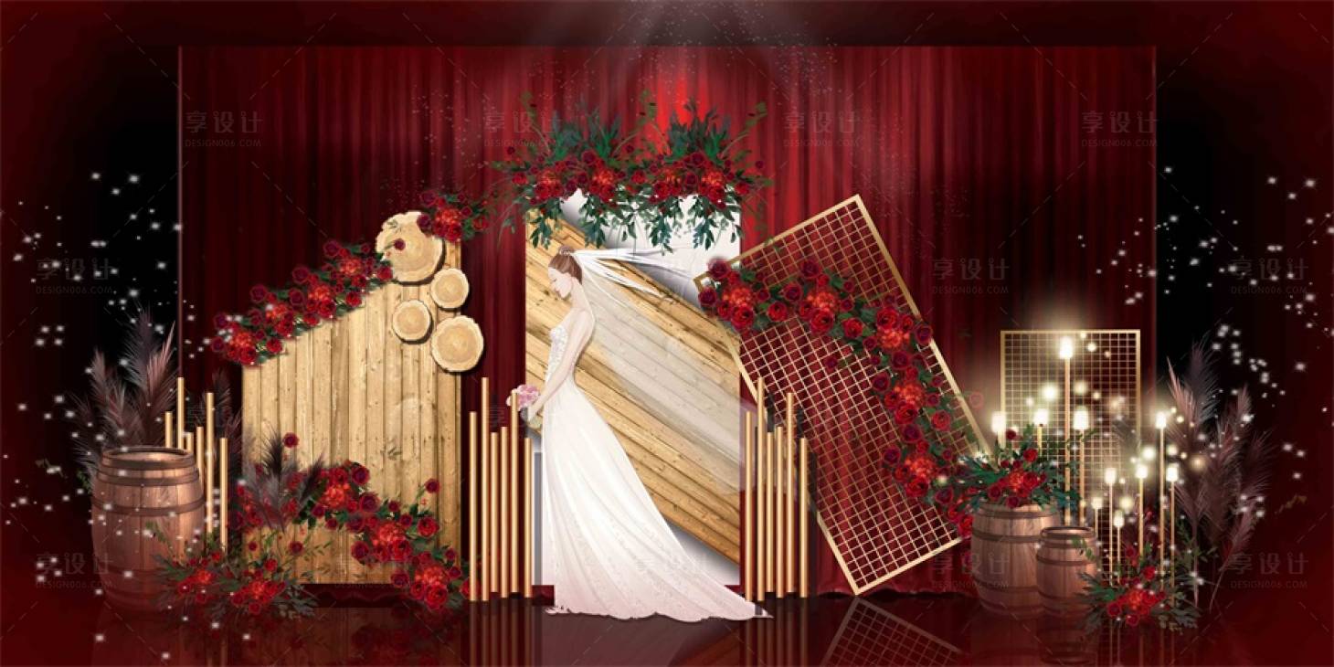 源文件下載【享設計】搜索編號：13660013322263816【中式輕奢婚禮效果圖舞臺背景板】