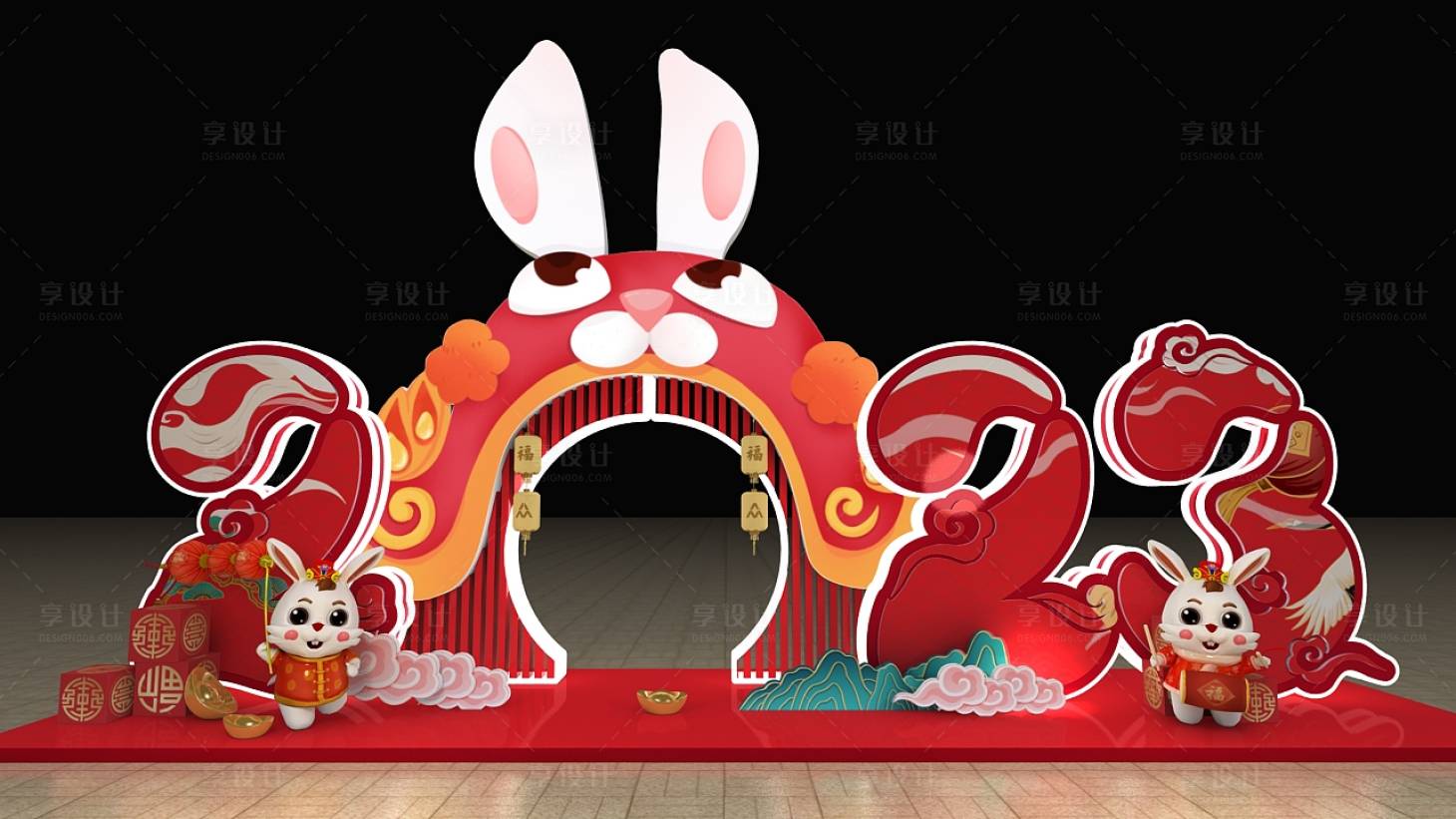 源文件下載【創意2023國潮兔年新年春節美陳商場】編號：21570013657252540