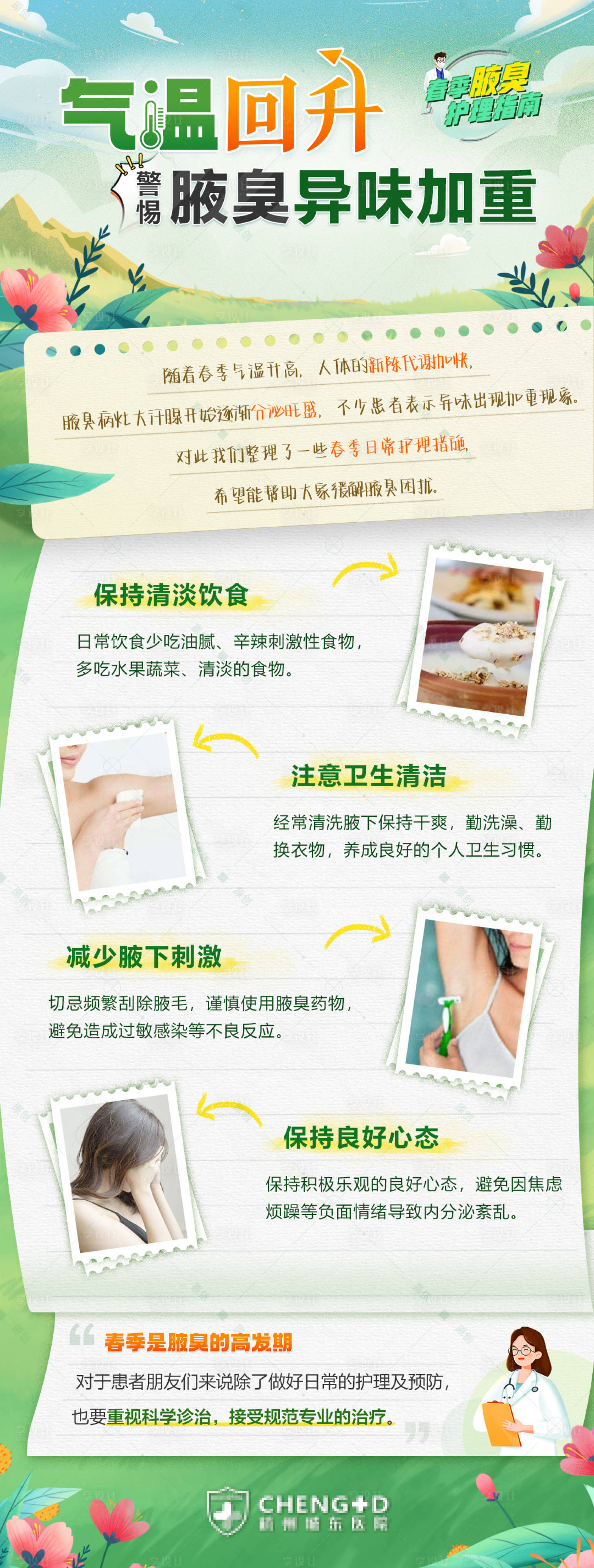 源文件下载【享设计】搜索编号：99250014589171936【春季治疗腋臭优势科普插画手绘医疗海报】