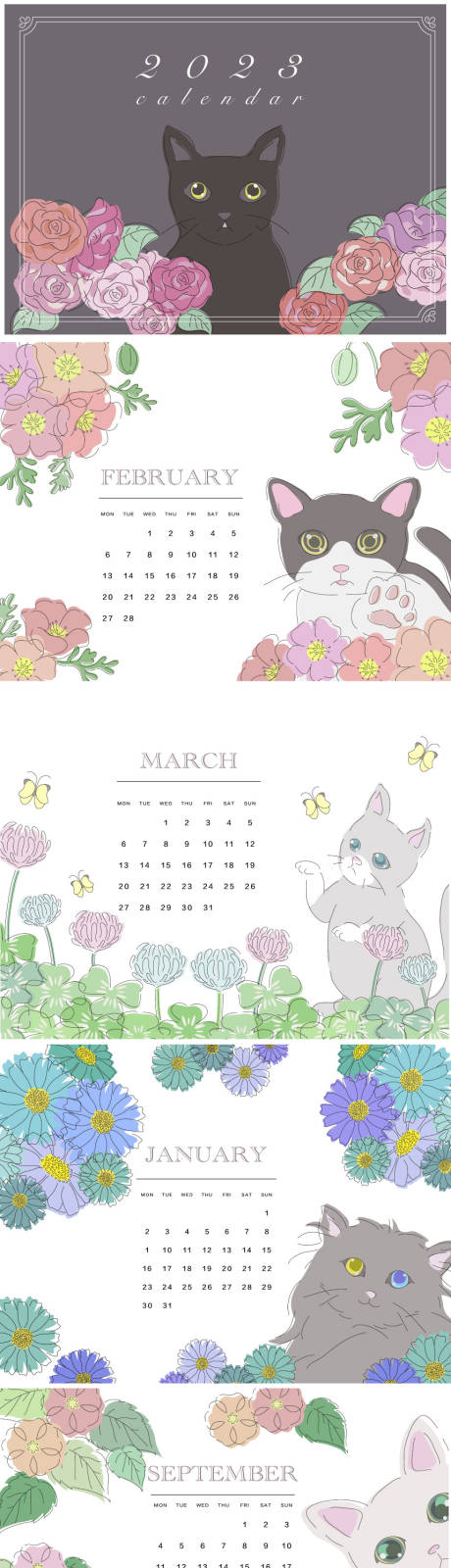源文件下载【享设计】搜索编号：27290015389363552【花朵猫咪2023日历】