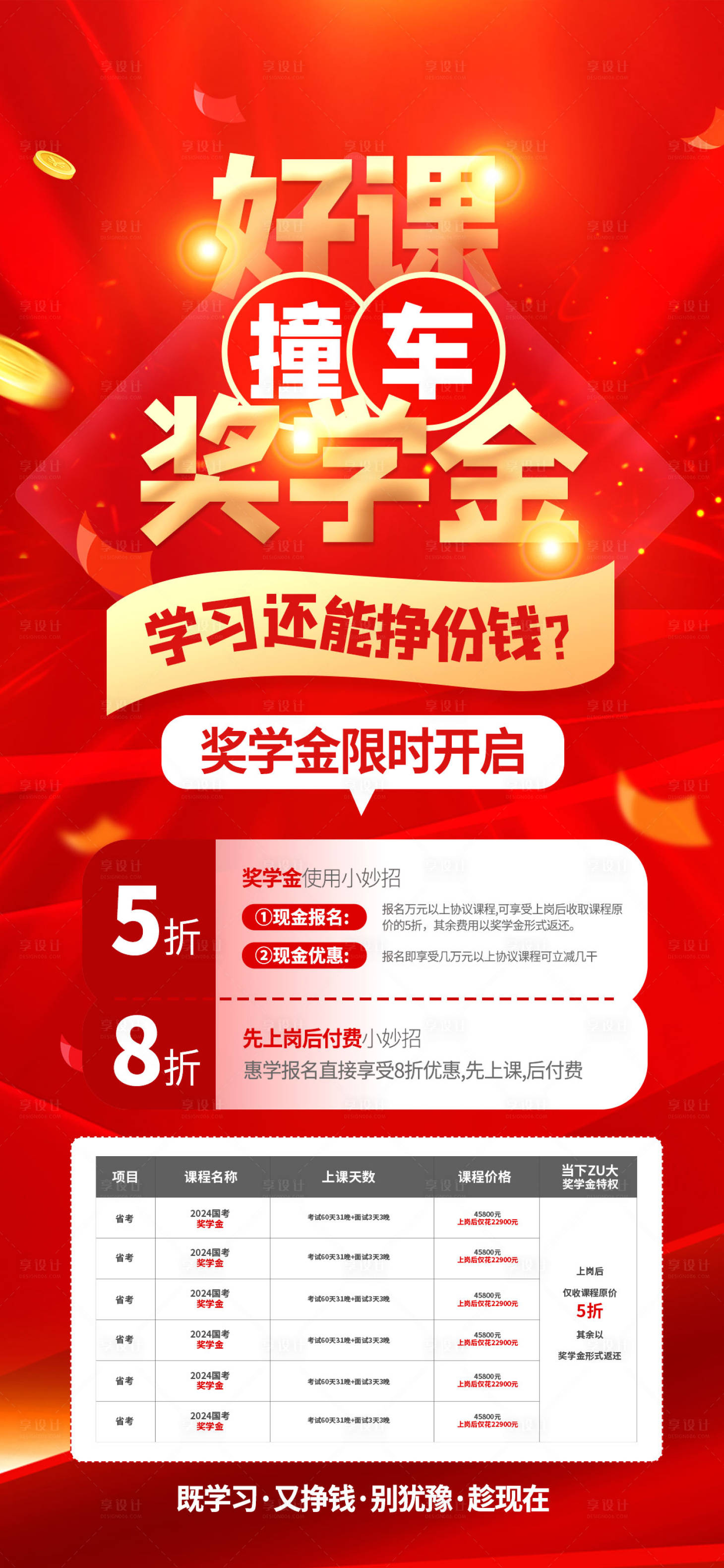 源文件下载【享设计】搜索编号：94230015083242668【教育国考促销课奖学金红金海报】