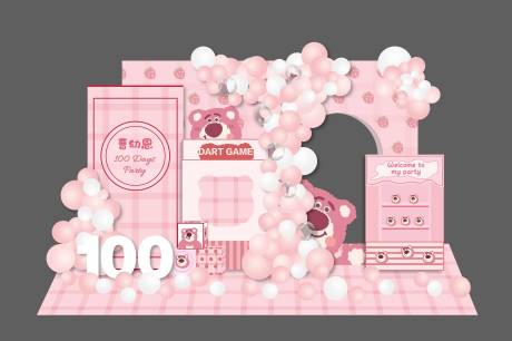 源文件下载【粉色草莓熊女孩生日百日宴背景板】编号：98550015618656668