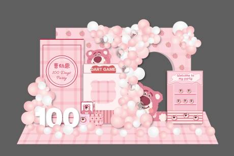 编号：20230325182448808【享设计】源文件下载-粉色草莓熊女孩生日百日宴背景板