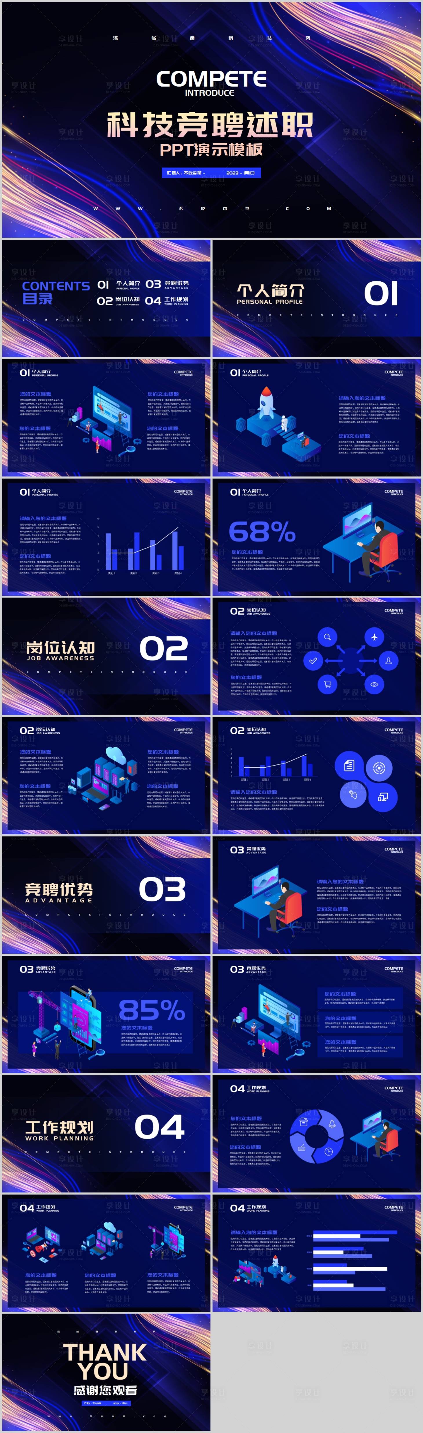 源文件下载【享设计】搜索编号：80280016155987302【深蓝色科技风通用竞聘述职PPT】