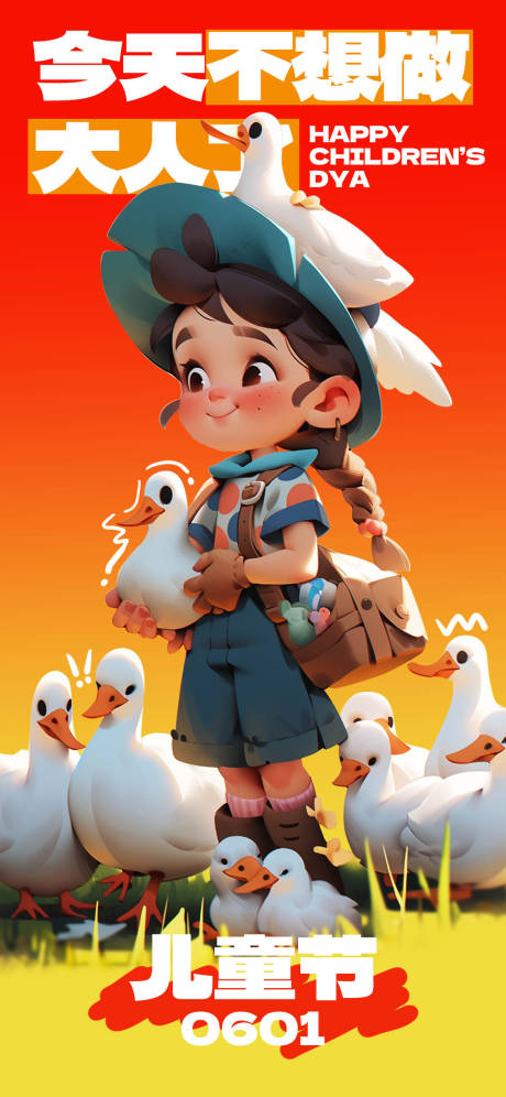 编号：20230525222659524【享设计】源文件下载-61儿童节一个女孩抱着鹅的可爱插画海