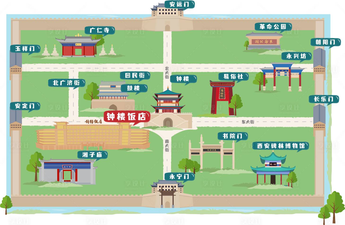 源文件下载【享设计】搜索编号：74920016545591073【钟楼周边手绘地图】