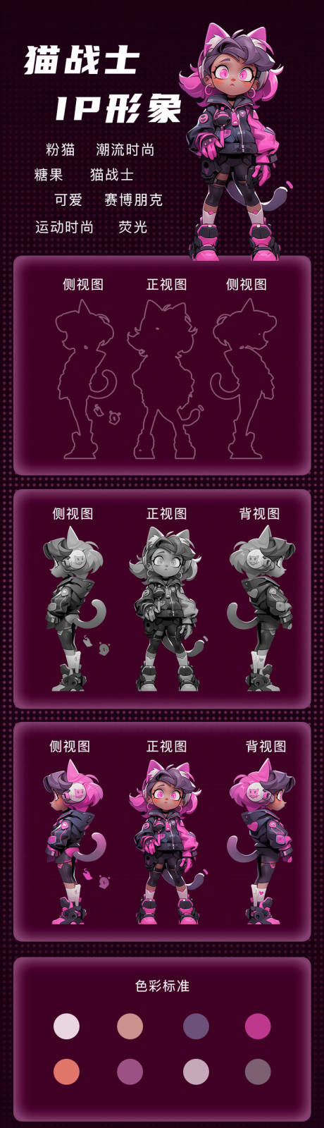 源文件下載【享設計】搜索編號：40080017344166779【可愛粉貓三視圖IP形象設計】