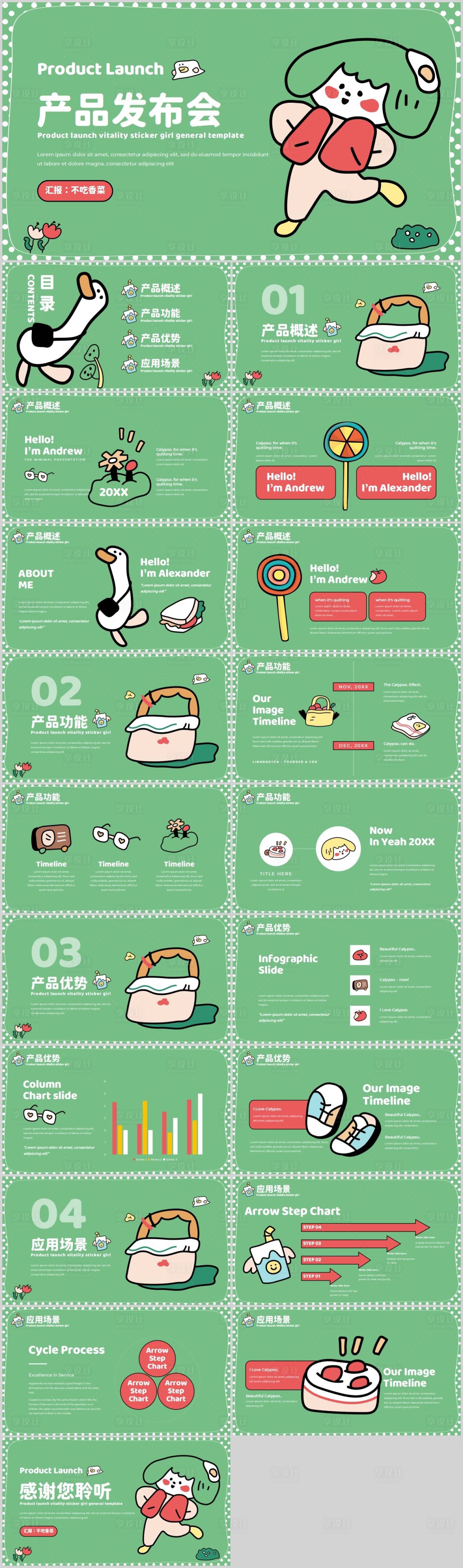 源文件下载【享设计】搜索编号：94790017169128817【绿色卡通产品发布会PPT模板】