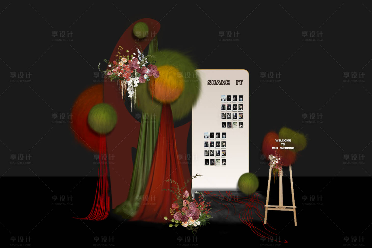 源文件下载【享设计】搜索编号：72380019013073229【毛绒红绿复古婚礼迎宾】