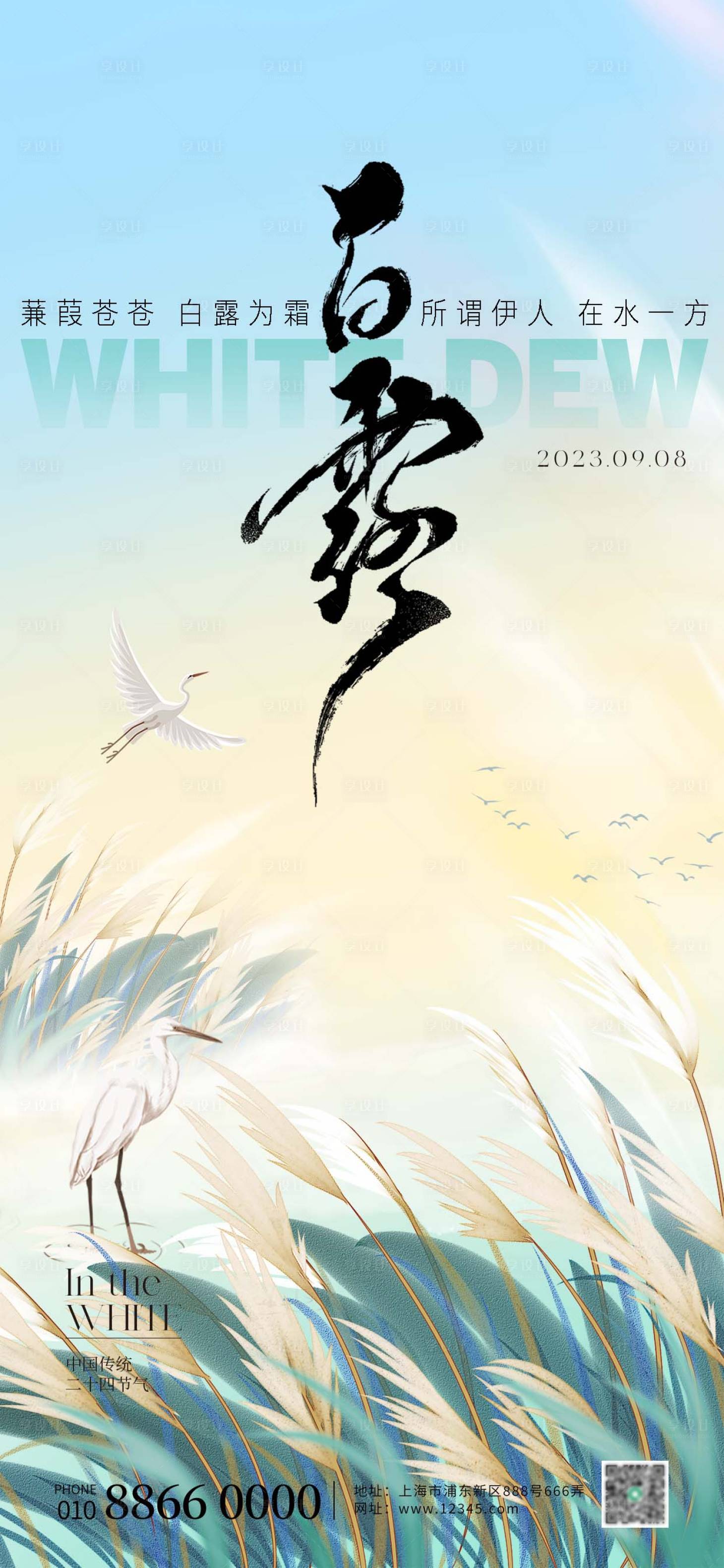 源文件下載【享設計】搜索編號：33060018893938320【白露白鷺蘆葦插畫海報】