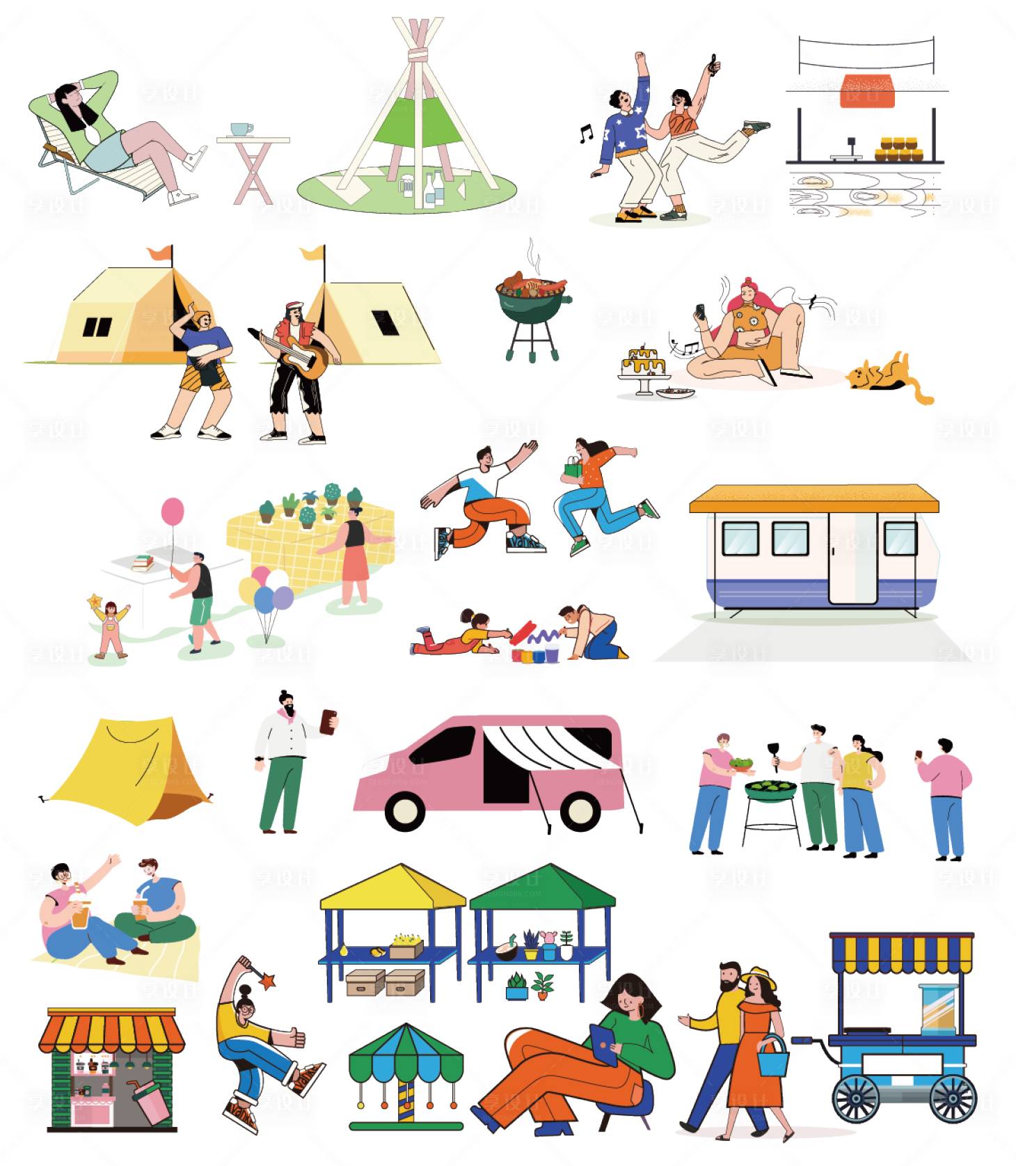 源文件下载【露营场景扁平风人物插画异形帐篷集素材】编号：20340019157284228